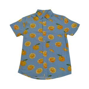 Orange Print viscose Short Sleeve Button-Up Shirt Blue Background Boys Size 10.
